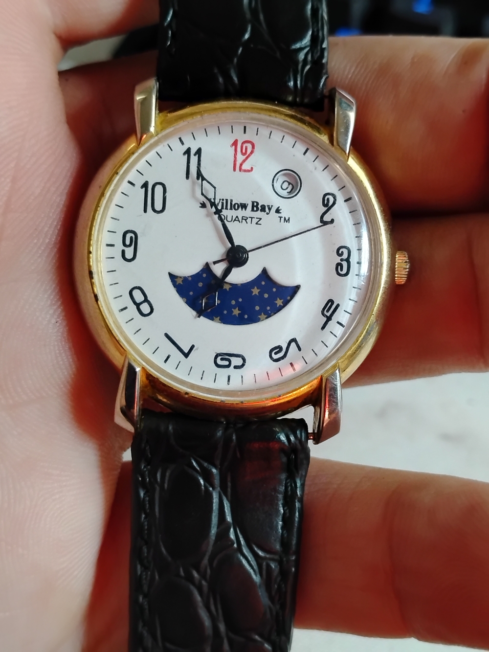 Men’s Gold-Tone White Dial Quartz Watch with Black Strap
